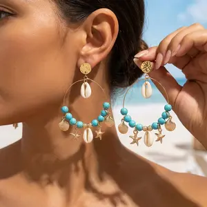 Bohemian S Starfish Turquoise Bead Large Hoop Earrings for Women Metal Conch Seas Circle Dangle Earring Vacation Jewelry