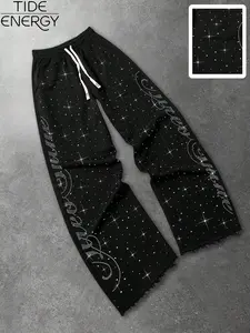 Men's Wide Leg Sweatpants with Frayed Hem, Sparkling Star Rhinestones, Vintage Scroll Print, Urban Street Style Long Pants