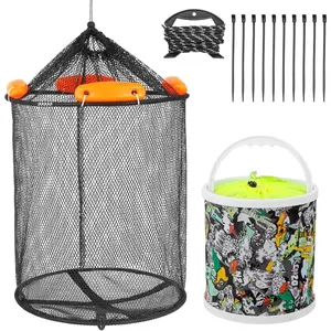Floating Fish Basket Extra Large Foldable Fishing Basket Live Caught Fish Collapsible Mesh Bait Pen Heavy Duty Coated Fishing Net Cage with Foldable Fishing Bucket