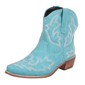 Women's Vintage Floral Embroidered Pointed-Toe Ankle Boots - Turquoise Faux Cover Slip-On Chunky Mid-Heel Shoes with Rubber Sole & Fabric Lining for Casual Comfort