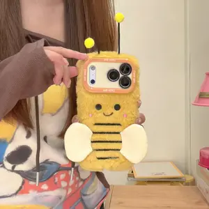 Cute Plush Bee Phone Case with Lens Holder, Durable Drop-Proof Cover for Samsung Galaxy S23/s24/s25/26 Plus/ultra/a14/a15/a16/a17 Series