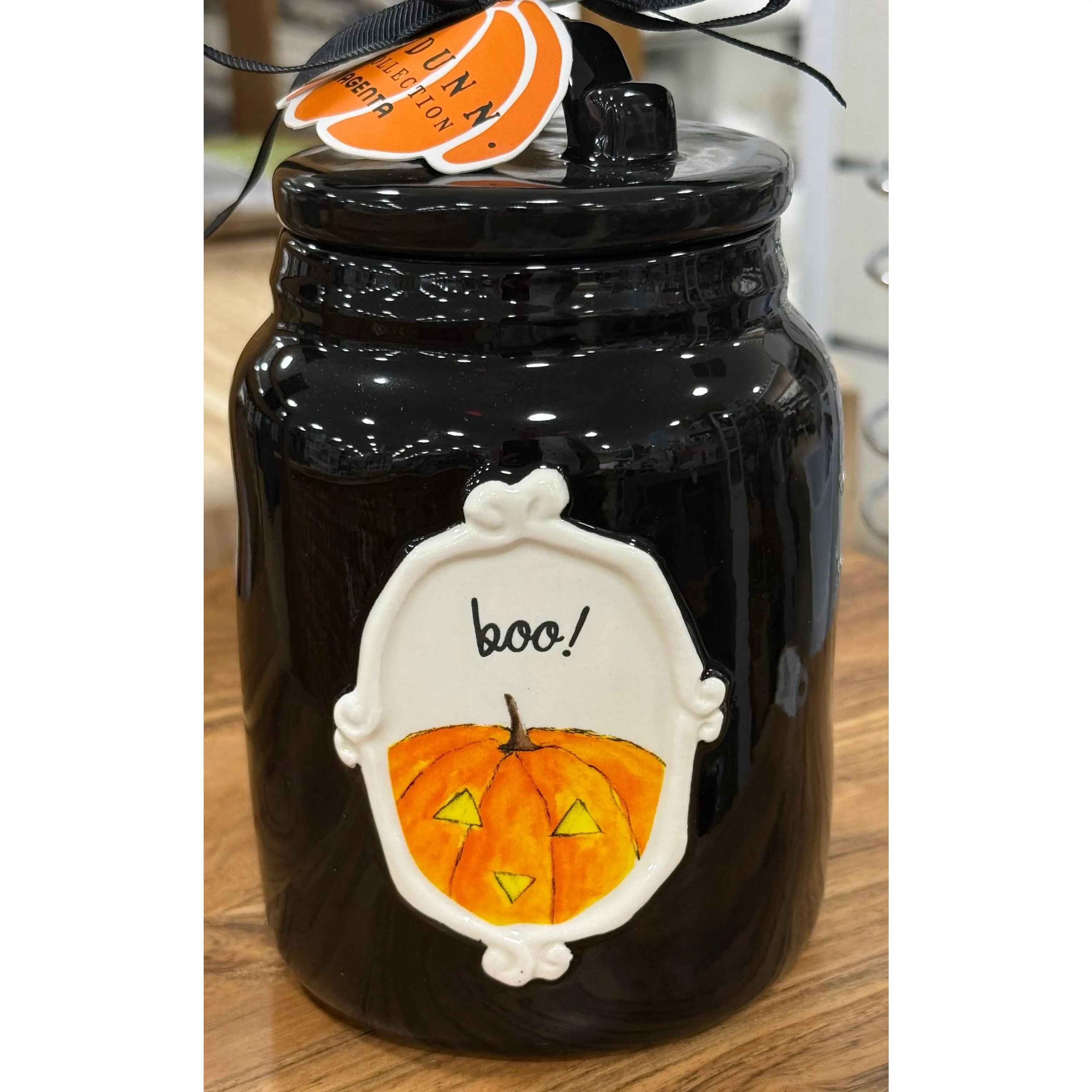 New release Rae Dunn black iridescent ceramic 6” Halloween canister BOO!