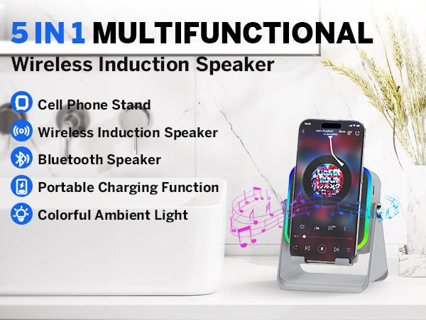 [SummerWins] 5-in-1 Wireless Induction Audio & Bluetooth Speaker with Phone Holder, 3500mAh Rechargeable Emergency Power Bank, 8 RGB Ambient Light, 360° Adjustable Mobile Tablet Stand– Gifts for Friends, Family
