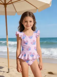 Summer Limited Edition Girls' Ocean One-Piece Swimsuit, Glitter Stars + Ruffled Skirt, Quick-Dry Comfort, Beach/water Park/hot Spring Ready, High-Visibility Swimwear