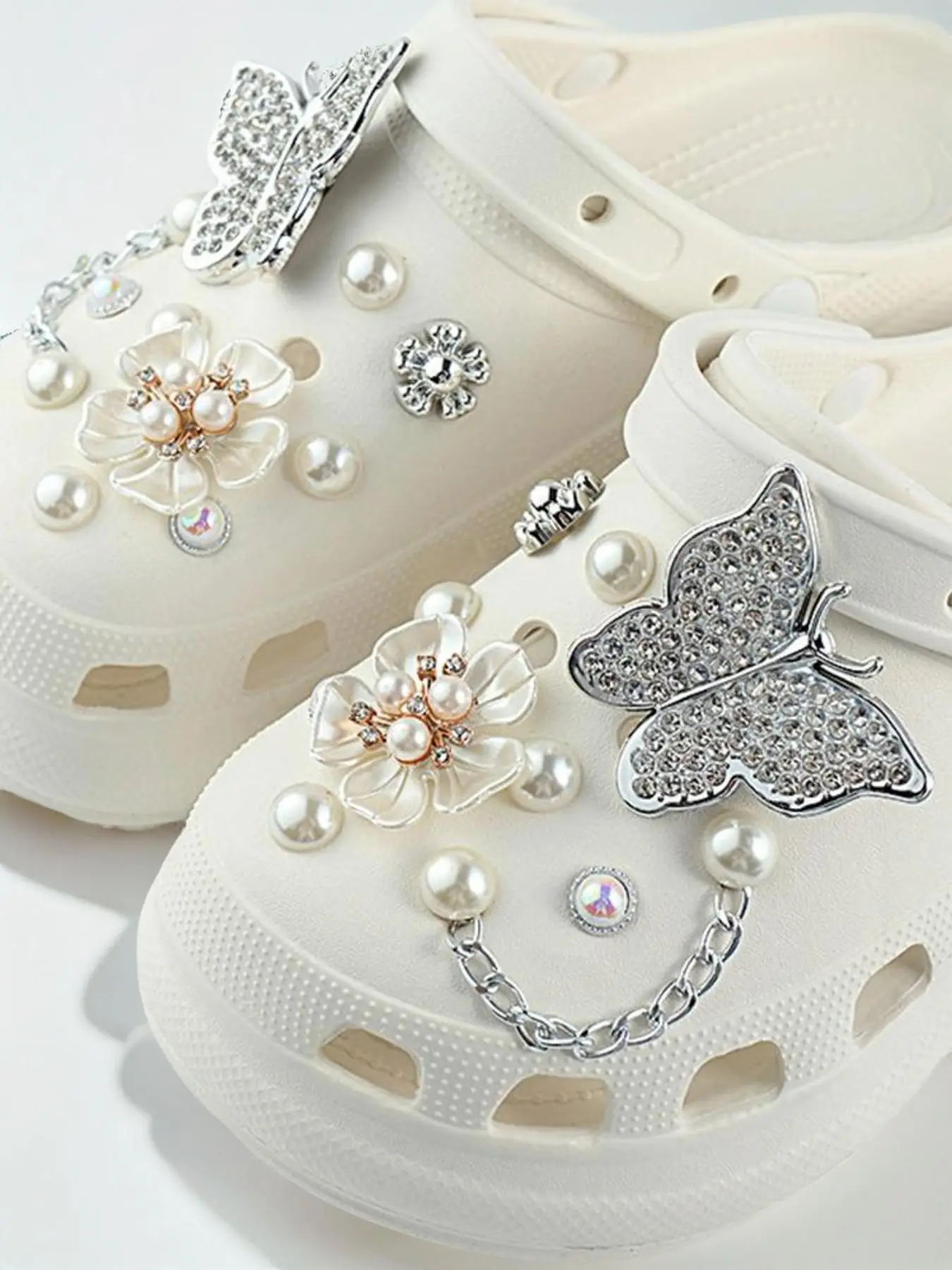 20pcs/set Women's Elegant Faux Pearls & Butterfly Shaped Rhinestone Clogs Decoration, Diy Shoes Decoration Accessories for Clogs, Fashionable Shoes Ac