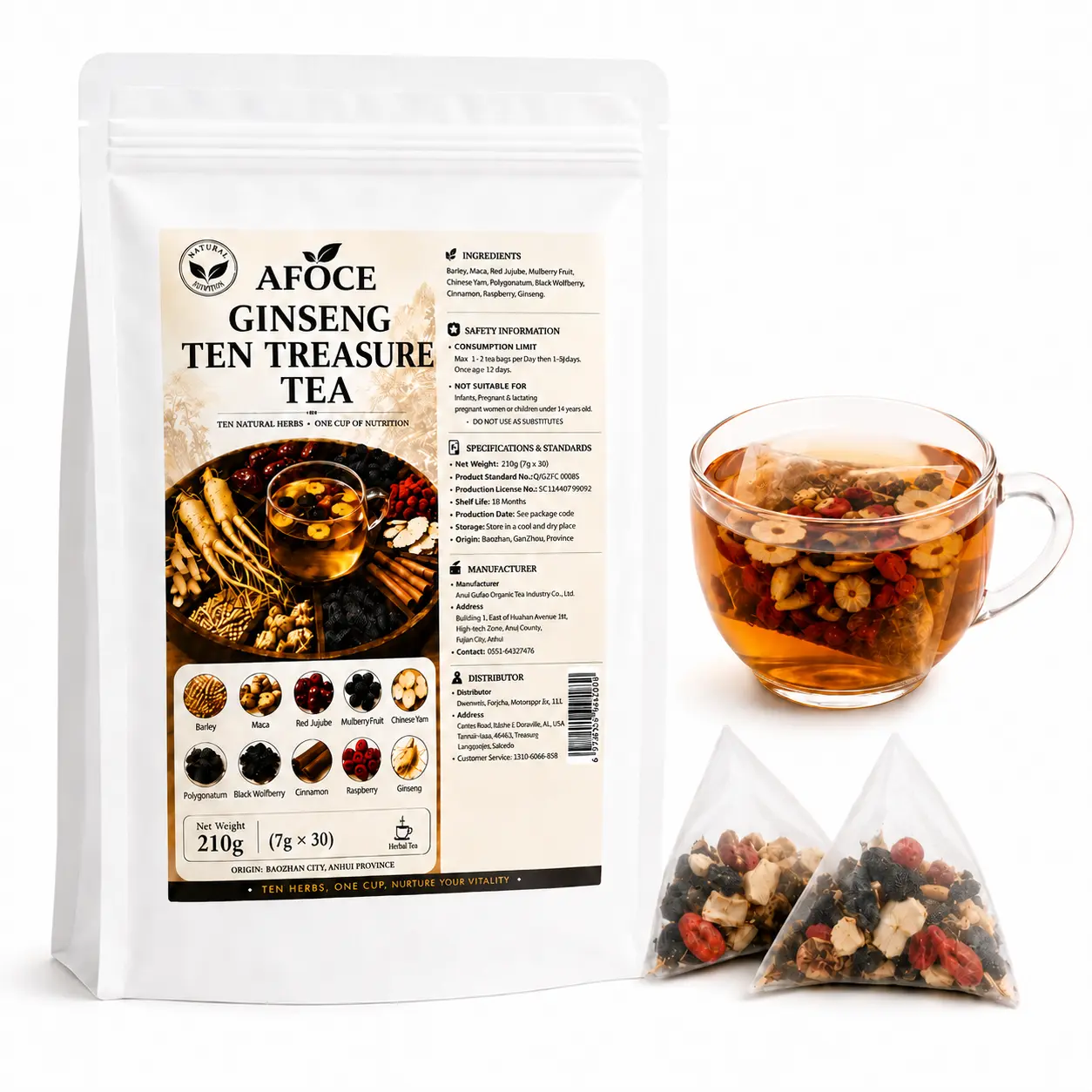 Upgraded Ginseng Herbal Tea Bags - 10-Herb Blend with Ginseng, Maca, Red Date, Mulberry, Black Wolfberry & More - Chinese Wellness Tea for Men & Women, 30 Bags