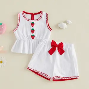 Girls Shorts Set, Sleeveless Crew Neck Embroidery Strawberry Tank Top and Shorts Summer 2-piece Outfit