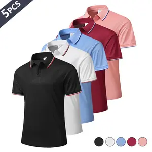 Pack of 5 athletic micro‑stretch polo shirts with a turn‑down collar and short sleeves; solid color design; stylish, minimalist, versatile, casual; made from moisture‑wicking fabric; lightweight and breathable; relaxed fit; suitable for casual wear and ou