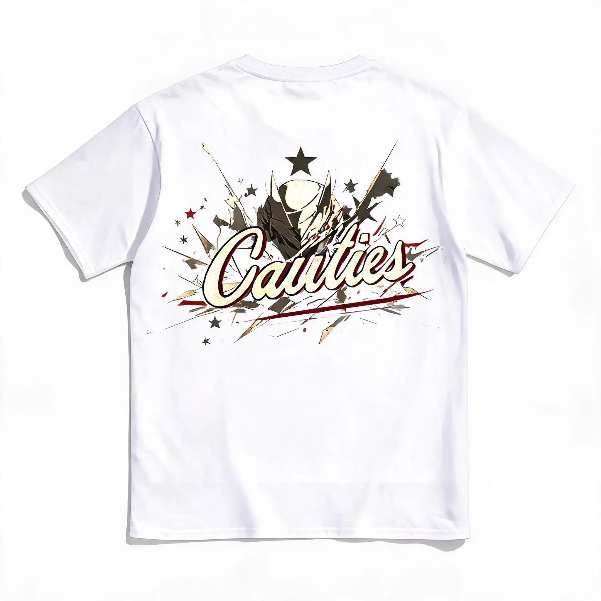 Men’s “Cauties Shattered Star” back-print T-shirt featuring sharp fragment glossy street graphics; edge-detail unisex skateboard casual streetwear gift T-shirt casual wear