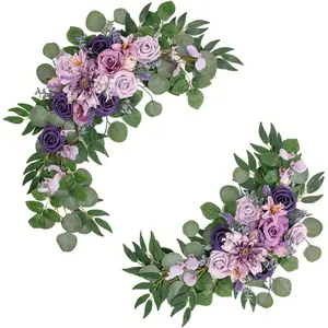 2-piece lilac purple artificial wedding arch floral decoration, featuring Vibrant faux flowers, main flowers of purple dahlia, lavender, and white roses, paired with green vines, perfect for romantic wedding backgrounds and home decor