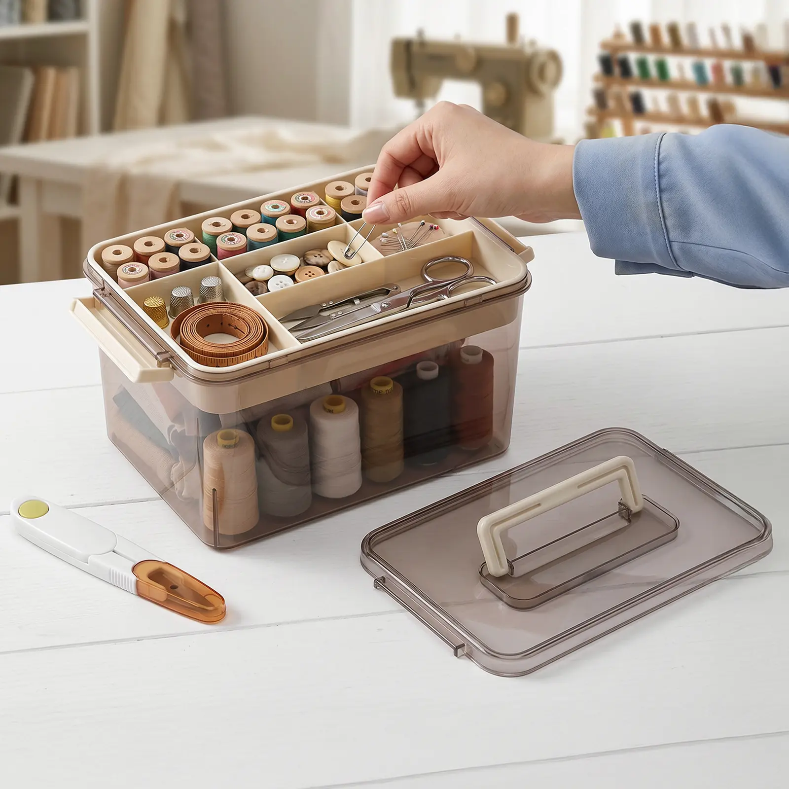 LOVEWE Clear Amber Sewing Kit Storage Box with Lid - Home Organizer for Thread, Needles, and Craft Tools