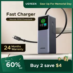 UGREEN Nexode Power Bank 20000mAh 165W with Built-in Retractable USB C Cable Laptop Travel Portable Charger, 100W Input, Fast Charging for MacBook Pro/Air/iPhone 17 16/iPad Pro/Galaxy S25 Ultra/Dell/HP and More ,tiktokshopmemorialday