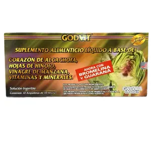 GODVIT Antioxidants Liquid Supplement with Heart of Alcachofa Leaves Hinojo Apple Vinegar Bromelain & Guarana 10 Ampoules