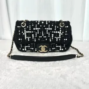 Pre-owned CHANEL Classic Flap Black Tweed Pearl Embellished Chain Bag|19918936