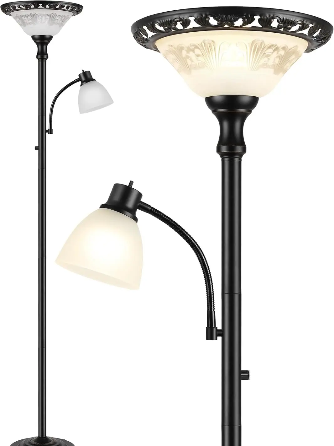 Torchiere Floor Lamps for Living Room, 71" Tall Standing Lamp with Thick Glass Shade, Metal Pole & Heavy Base, Vintage Corner Lamp with Reading Light Home Decor for Bedroom Office, 3CCT Bulb Included