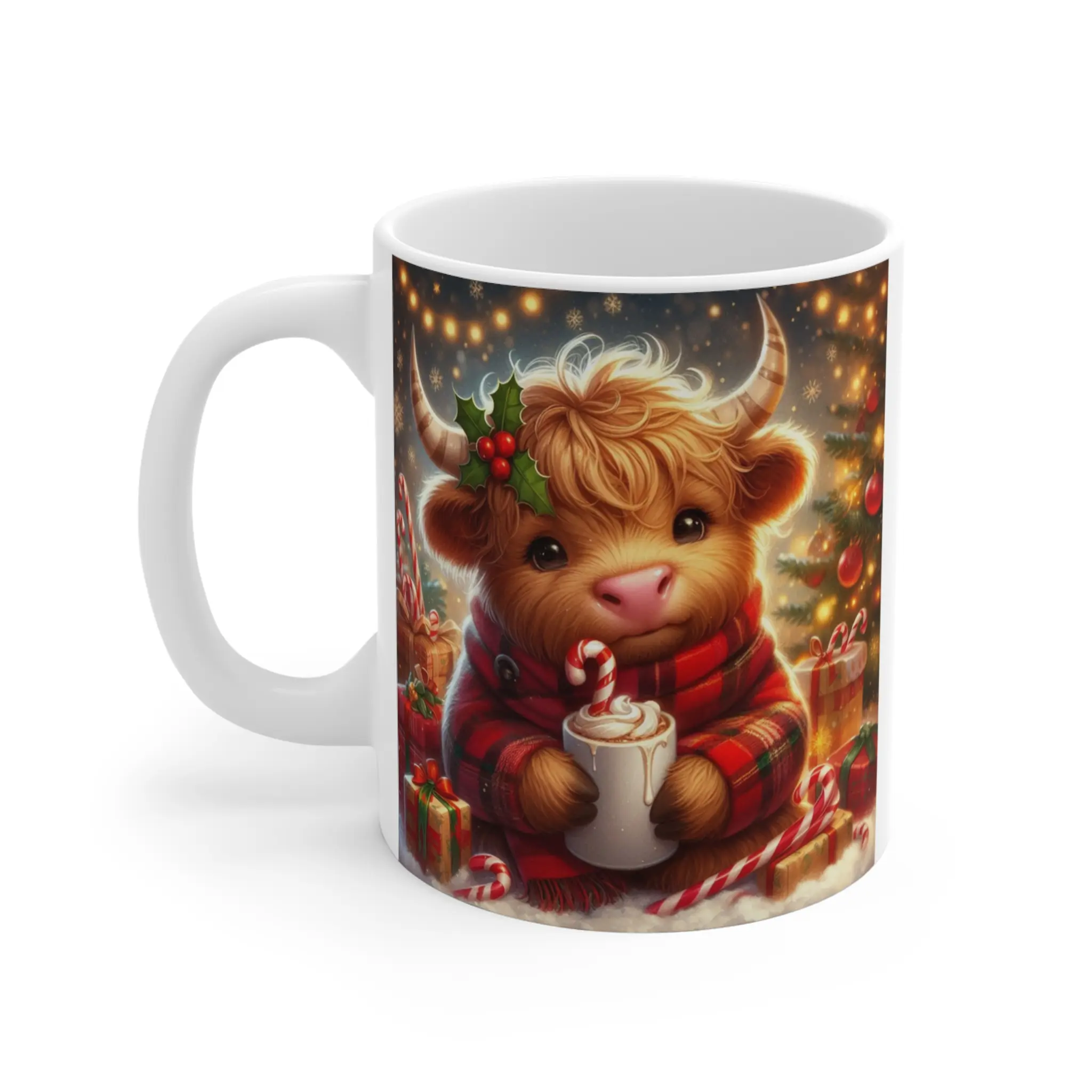 Baby Highland Cow Christmas with Hot Cocoa and Candy Canes Mug 11oz