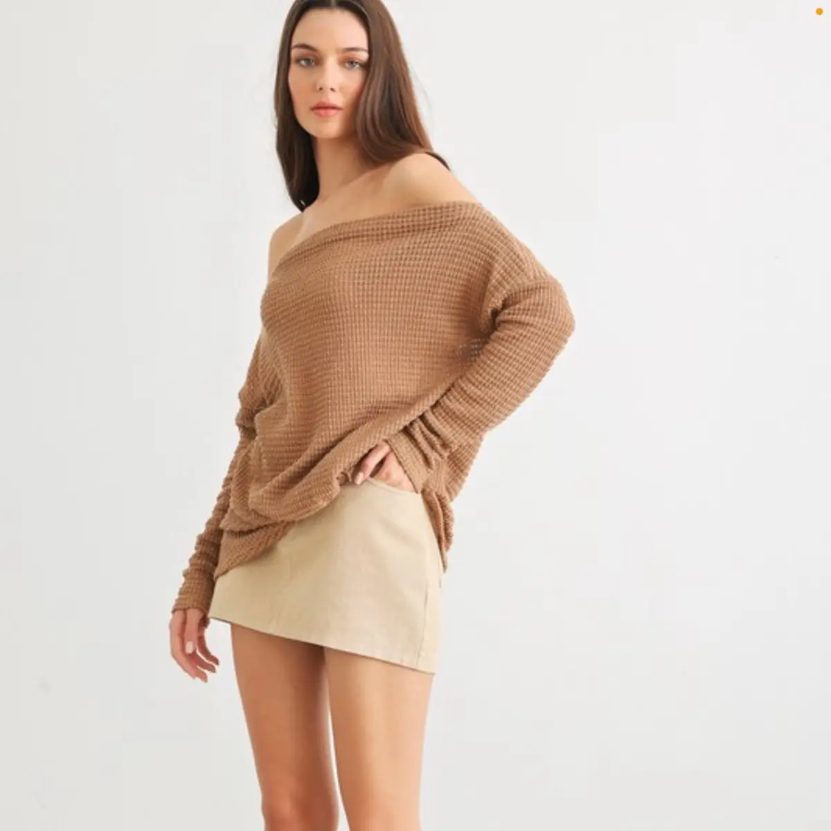 Waffle Knit Off-The-Shoulder Twist Hem Top