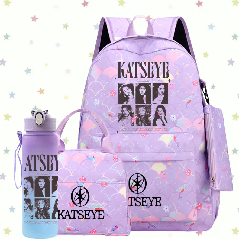 KATSEYE Purple School Backpack Set 4PCS | Backpack, Lunch Bag, Pencil Case & Water Bottle