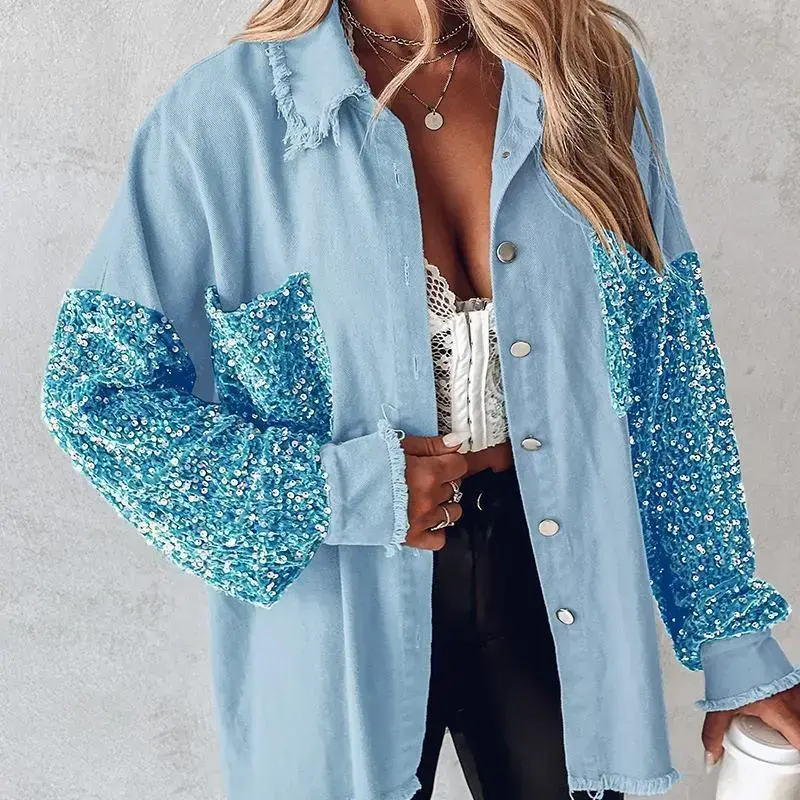 Women's Colorblock Sequin Patchwork Long Sleeve Jacket Top Button Front Raw Hem Shacket Women's Colorblock Sequin Patchwork Long Sleeve Jacket Top Button Front Raw Hem Shacket
