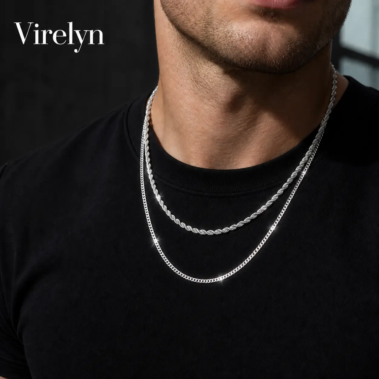 Virelyn B Men's 2-Piece 3mm Layered Cuban Link & Rope Chain Necklaces Set, 18-28in Silver Trendy Summer Vibes Jewelry, 2 piece sets for Boyfriend Anniversary & Birthday Gifting, Gifts For Boyfriend, Birthday Gifts For Bf, Stylish Accessories