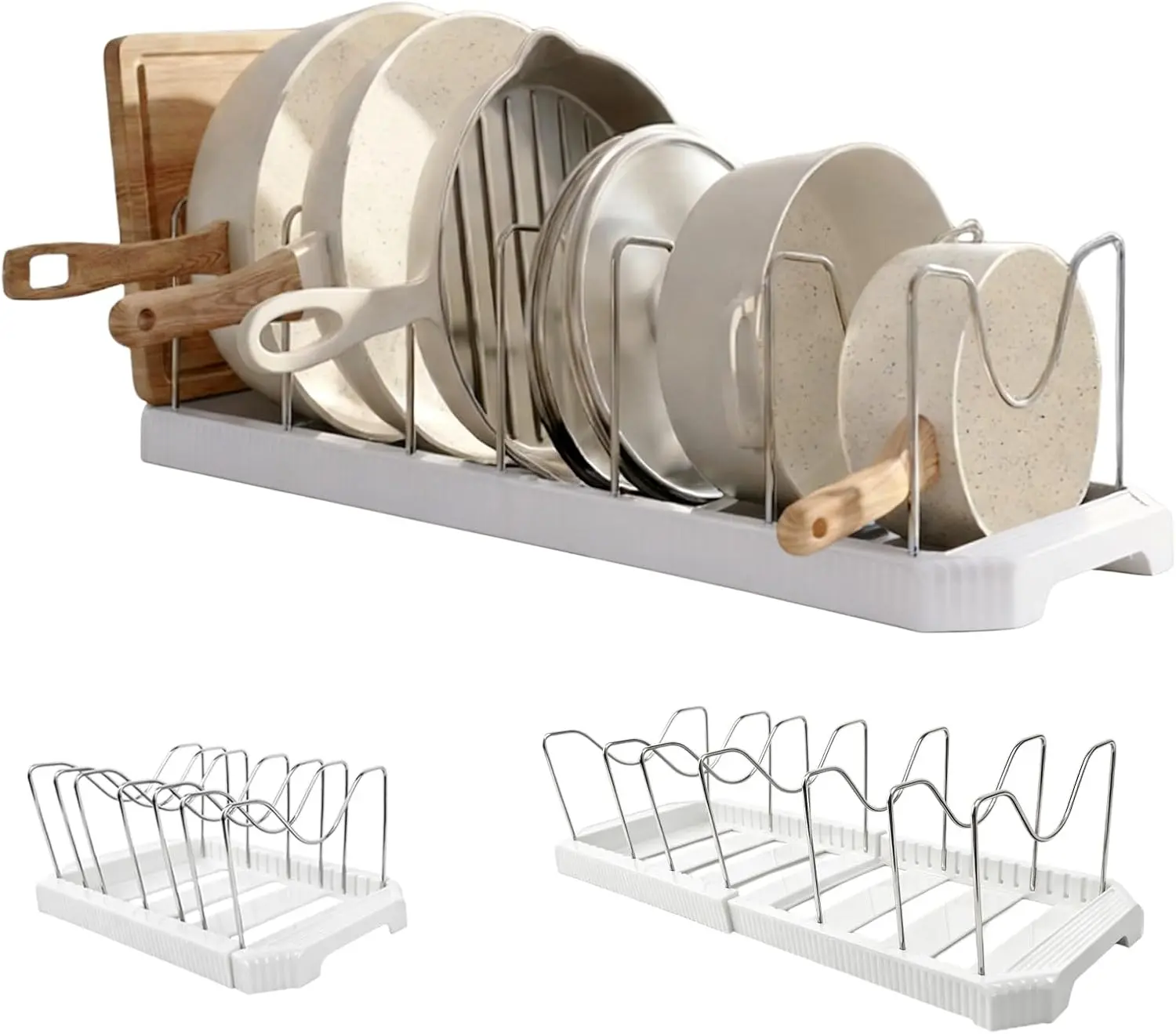 A Pots and Pans Organizer Rack for Under Cabinet, Expandable 12.99''-22.05'' Pot Lid Holder with 7 Adjustable Dividers, Space-Saving Storage for Renters, Small Homes&Cooks (White)
