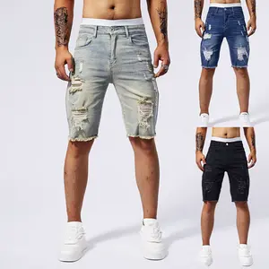 2026 Men's Ripped Denim Shorts Fashion Vintage Hole Streetwear Stretch Slim Knee-Length Short Pants Trendy Brand Male in Style, Full Outfit, SmartCasual, EverydayEssential, TrendyLook, EssentialBasics, ComfortFit