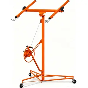 16FT Drywall Lift, Heavy Duty Sheetrock Hoist Jack with 360° Adjustable Telescopic Arm & 3 Lockable Wheels, 150Lb Capacity Steel Panel Lifter for Ceiling & Wall Installation, Solo Operation, Orange