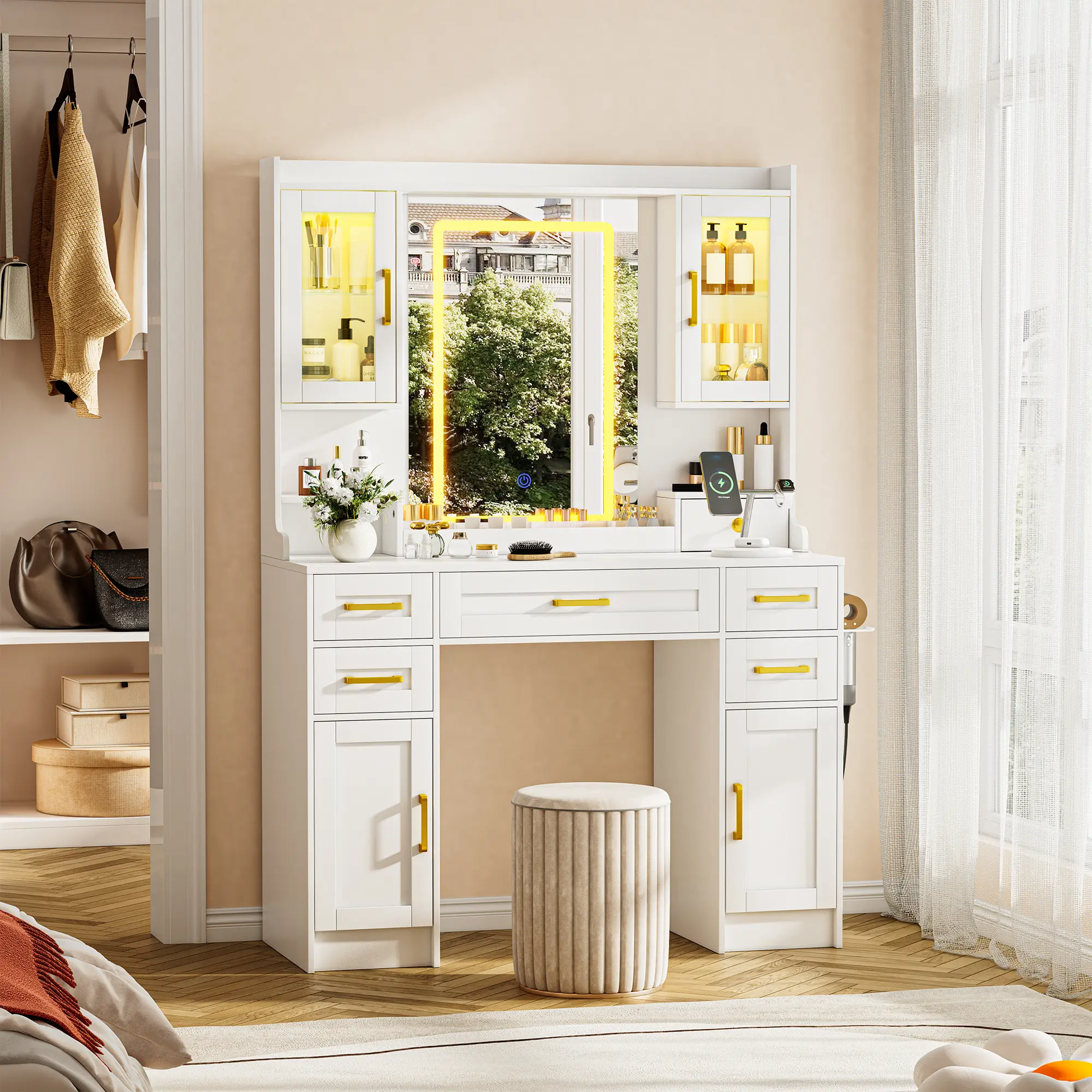 Summervibes Vanity Desk with Large Mirror and Lights, Makeup Vanity with Charging Station, 5 Drawers & 4 Storage, 3 Lighting Color Adjustable, Vanity Desk for Bedroom