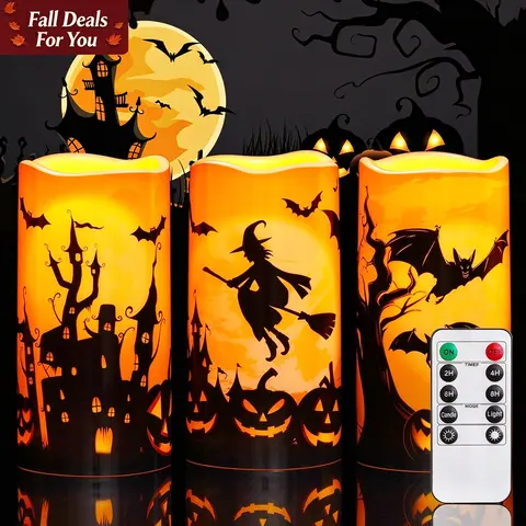 【LIVE】3PCS Halloween Candles, Orange Flameless Candles, Outdoor Waterproof Printed Decals Battery Operated LED Pillar Candles with Remote Timers for Fall Festival Spooky Decor, 3”x6”, Plastic,【Back to School】