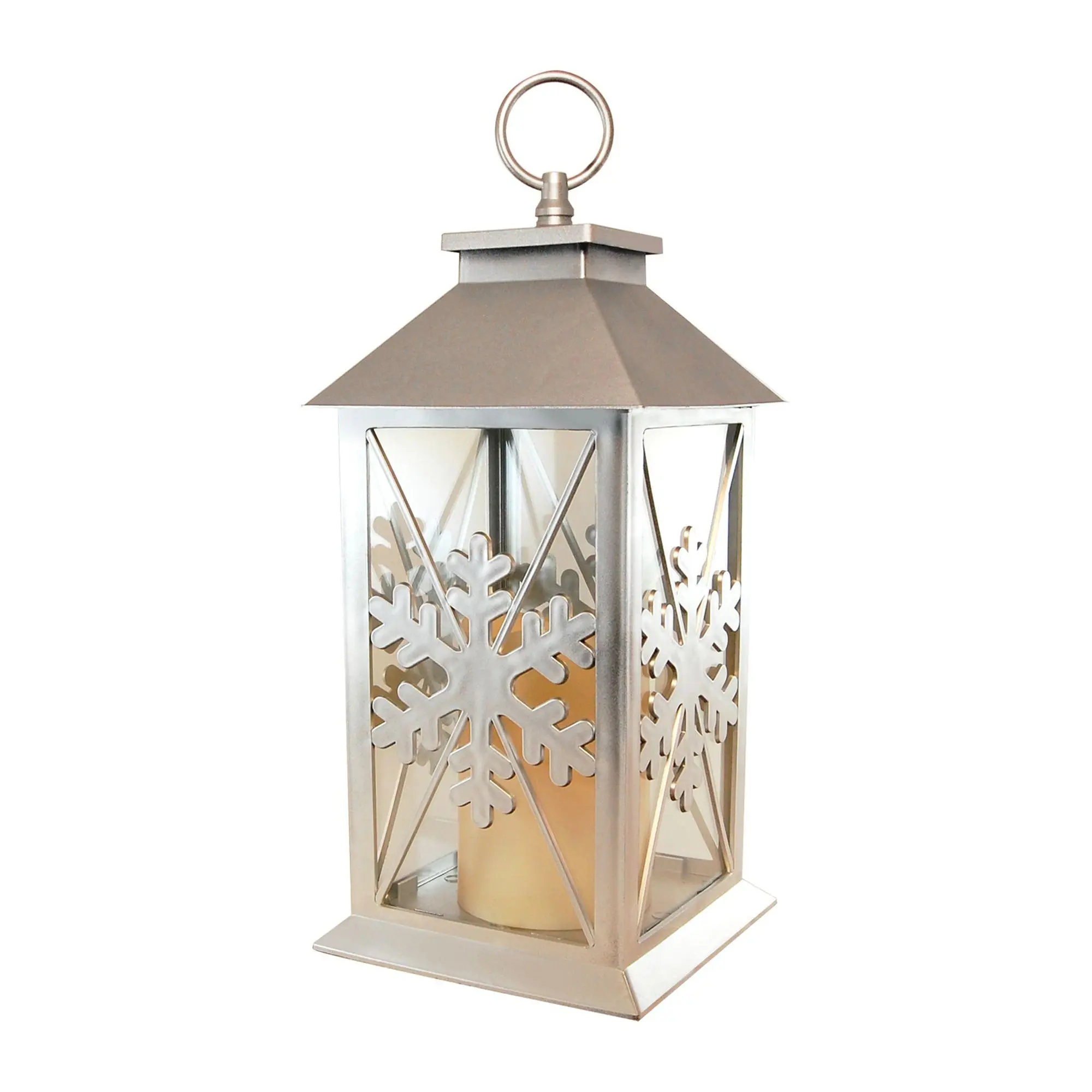LumaBase Silver Snowflake Lantern with LED Candle and Timer