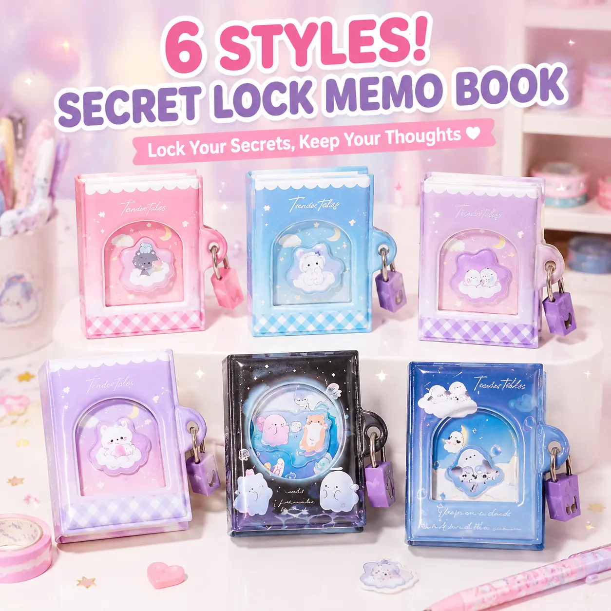 Secret Lock Sticky Note Book, Mini Press-to-Open Memo Pad with Cute Seal Stickers, Kawaii Stationery Journal for Girls, Stress Relief Fidget Gift