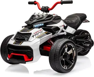 12V 3 Wheeler Ride On ATV Electric Motorcycle, Battery Powered Electric Vehicle w/Led Lights, High & Low Speed, Horn, Music, USB, Treaded Tires, Ride On Car for Kids Gift, White