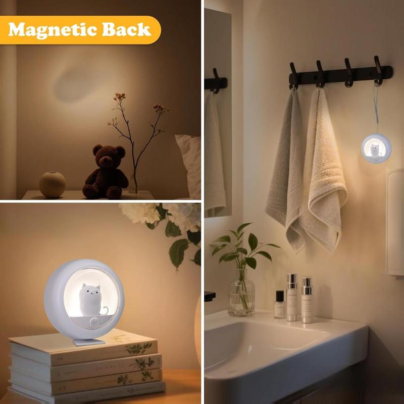 [New deal] - Cat Motion  Night Light, Cute Cat Magnetic LED Rechargeable Lamp with Dimmable, Portable Room Bedroom Bathroom Kitchen Wardrobe Stair Locker Wall Decor Lamp for Kid Teen(White x 2)