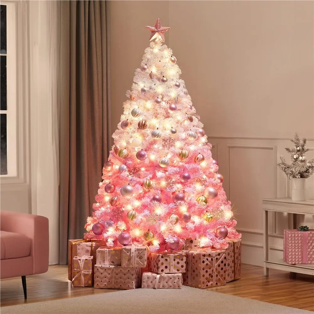 Yaheetech All Pink Fluffy Pre-lit Artificial Christmas Tree (4.5/6/7.5/9ft), Hinged Fir Tips, Incandescent Warm Lights, Metal Foldable Standing Base, Art Deco Holiday Home Decor Ornaments