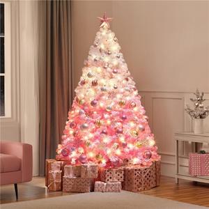 【All Pink】Yaheetech 4.5/6/7.5/9ft Pre-lit Flocked Artificial Christmas Tree with Foldable Stand, Hinged Fir Holiday Decorative Artificial Tree with Incandescent Warm Lights and Tips
