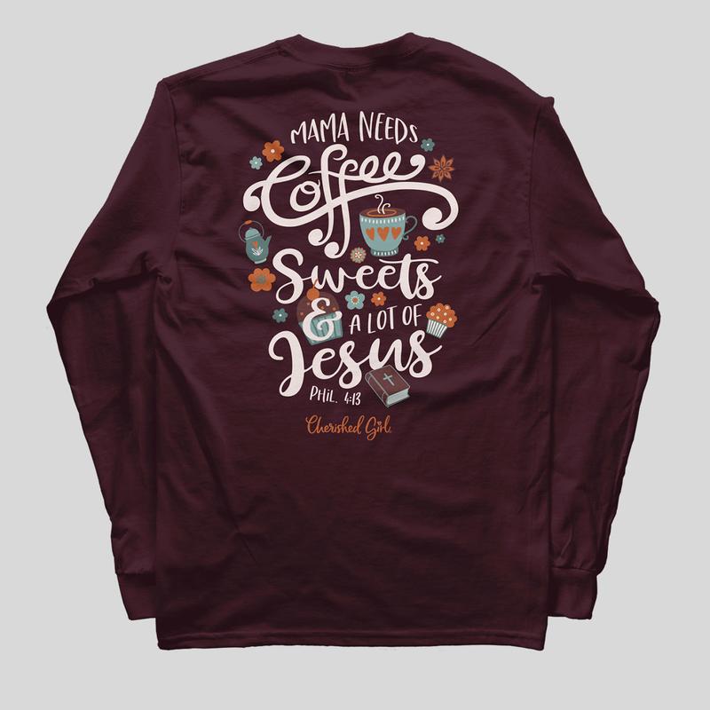 Women's Classic Fit Cotton Graphic T-Shirt - Long Sleeve, Breathable Softness Cotton Graphic Tees, Ribbed Cuffs, Printed Religious "Mama Needs Jesus™" Quote, Christian, Machine Washable Casual Top