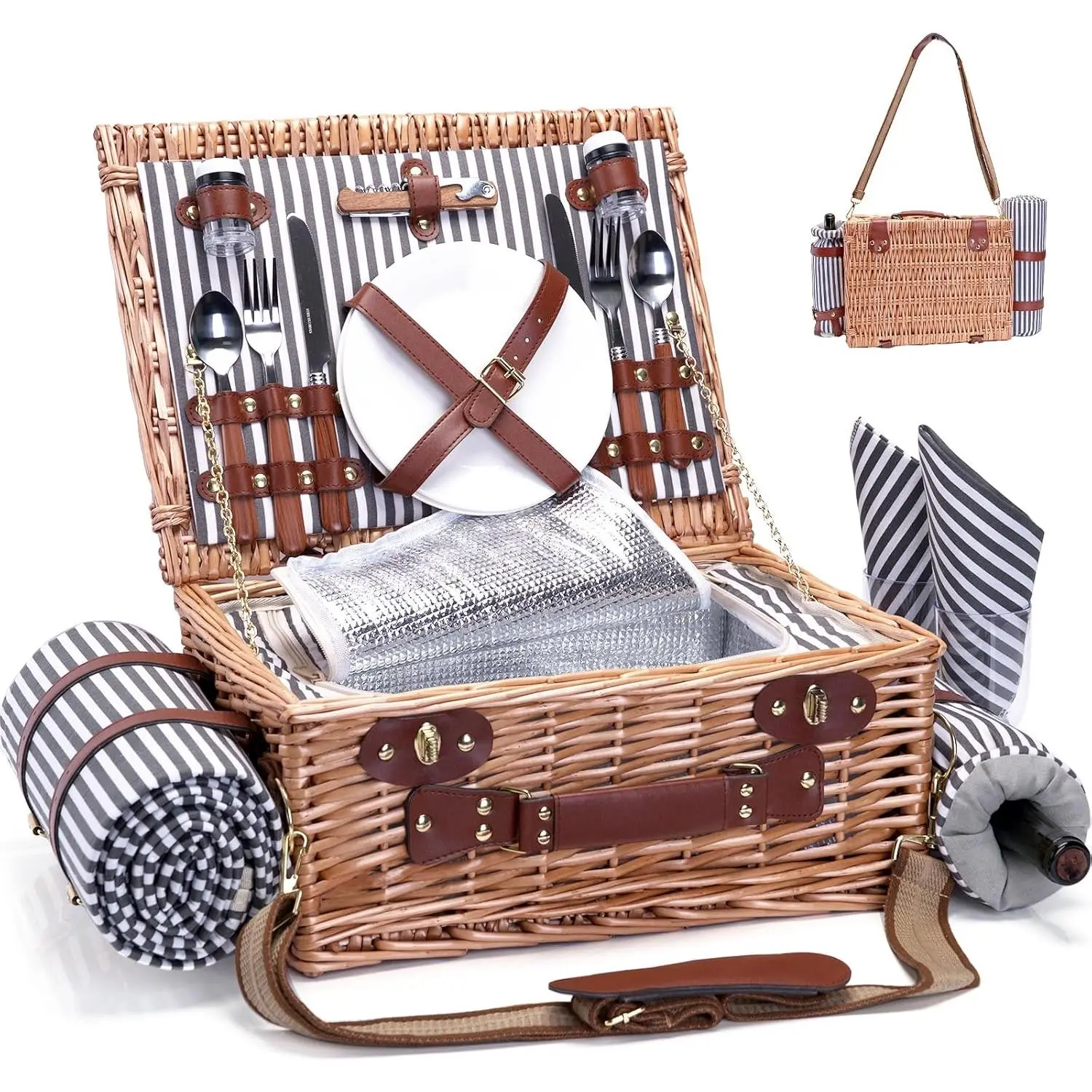 2-Person Wicker Picnic Basket Set with Faux Leather Accents, Insulated Liner Cooler Bag, Blanket, Wine Pouch - for Camping, Birthday, Anniversary, Holidays, Hikes, Wedding, Outings, Luxury Faux Leather Straps, Vintage, Pu Leather, Romantic