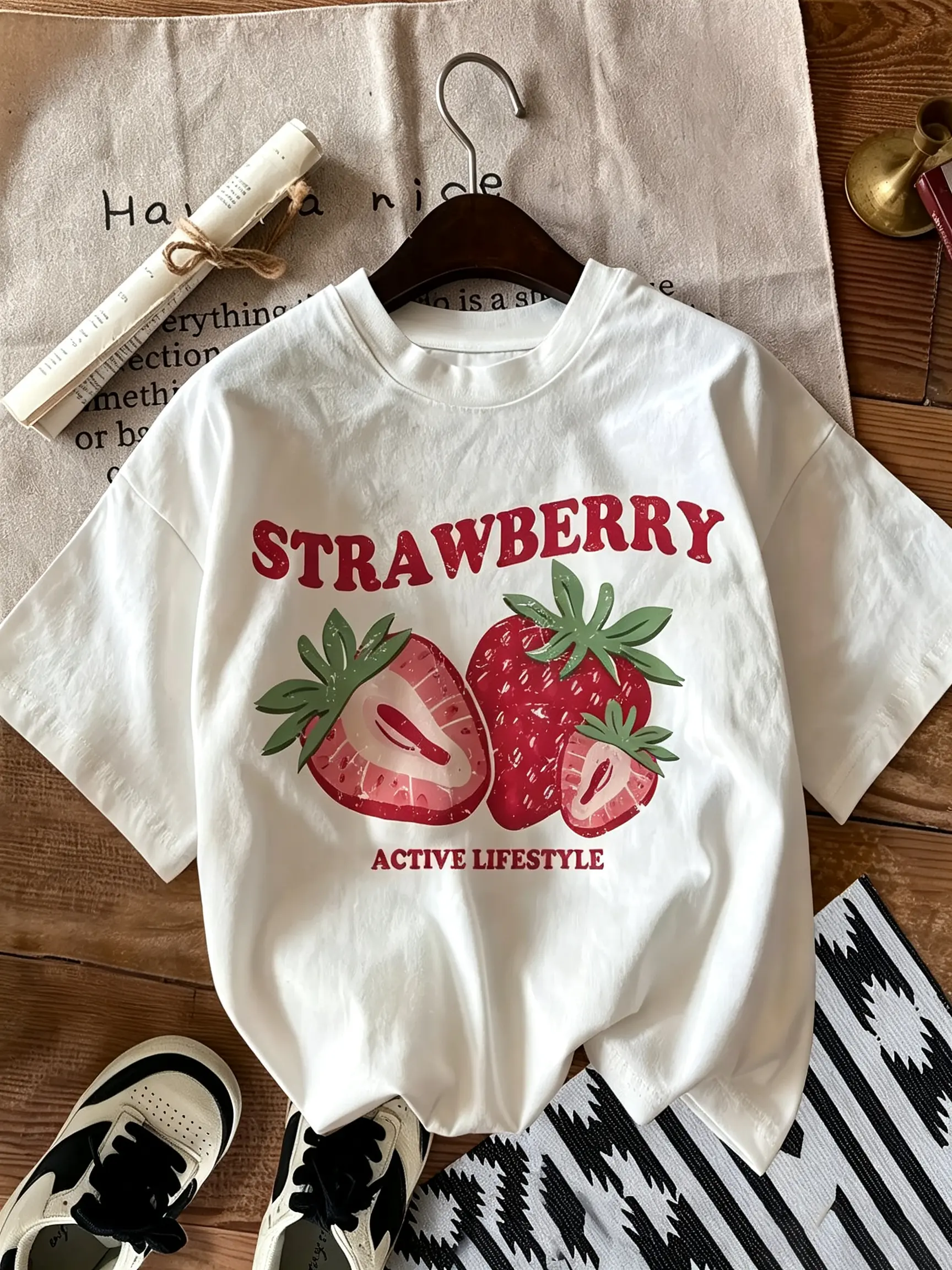 Women's Strawberry Cartoon Pattern Active T-Shirt - Casual Crewneck, Short Sleeve, Sporty Chic, Fitted Cut, Machine Wash Casual Sports Top, Active T Shirts, Casual Crewneck Tops