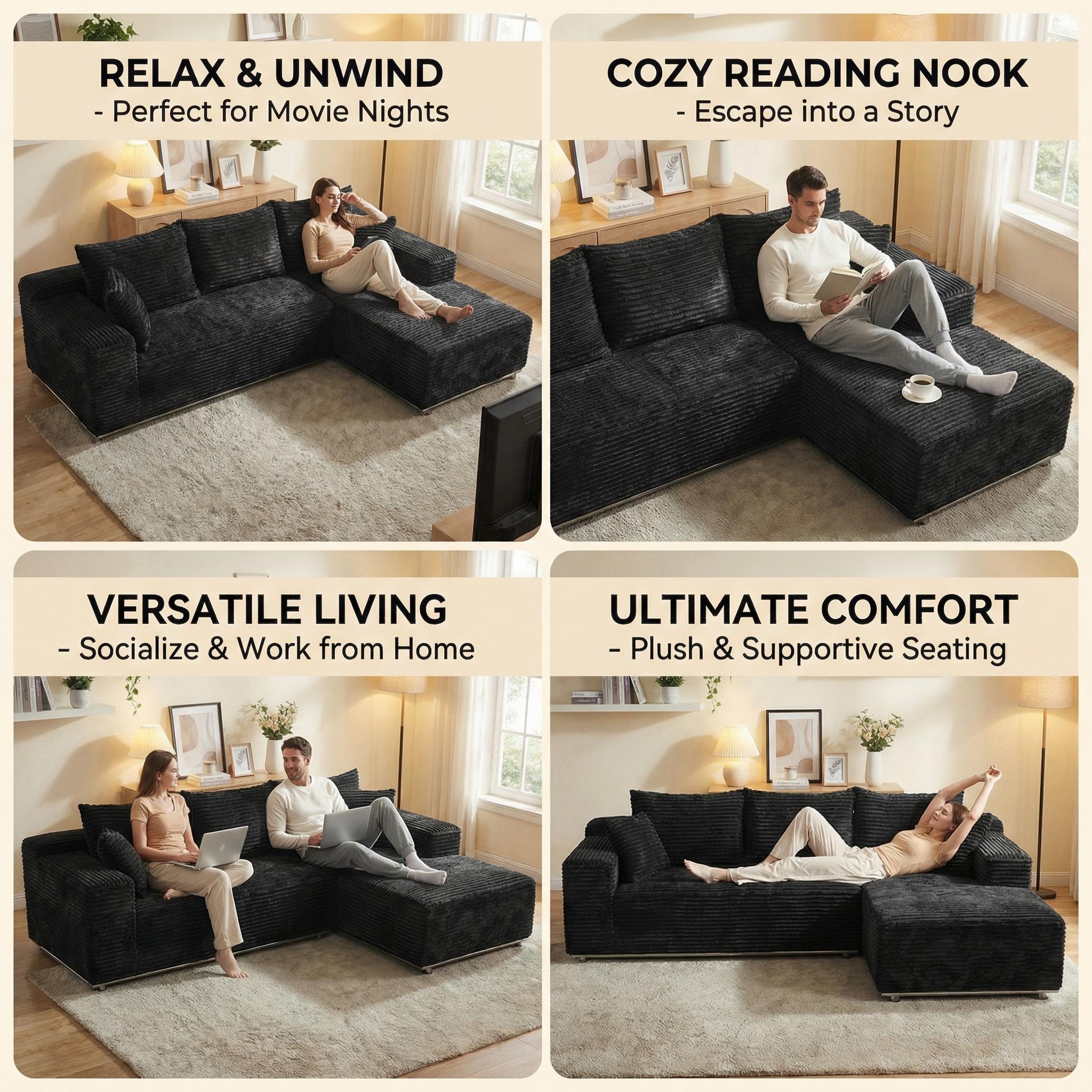 [3 Packages Shipping] Upgraded Elevated L-Shaped Sofa with Metal Iron Frame 105" Boneless Sectional Cloud Couch Corduroy Velvet Modular with Chaise No Assembly Required Living Room Furniture