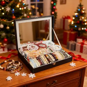 10/12 Position, Crystal Bracelet Black Leather Storage Box, Bracelet Jewelry Box Bracelet, Additions with Lid Watch Display Box, Christmas, Halloween, Thanksgiving, Valentine'S Day Gift, Jewelry Boxes