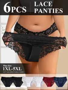 6pcs Plus Size French Lace Triangle Pants, Multiple Colors Available, High Elasticity, No Roll Edge, Sizes 1xl-5xl, Perfect for Work and Dates