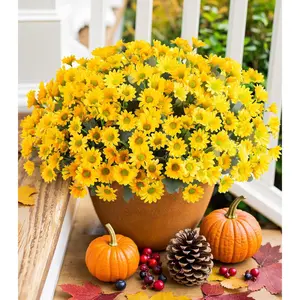 Daisy Artificial Flowers for Outdoors Fall Autumn Decoration, 6 Bundles Fake Mums Yellow Silk Flowers for Outside Look Real UV Resistant Faux Flowers Plants for Planter Front Door Home Indoor Porch