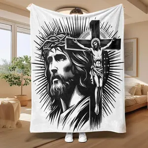 Jesus Cross Pattern Blanket, 1 Count Modern Style Soft Throw, Comfortable Blanket for Travel Sofa Bed Office, Home Decor