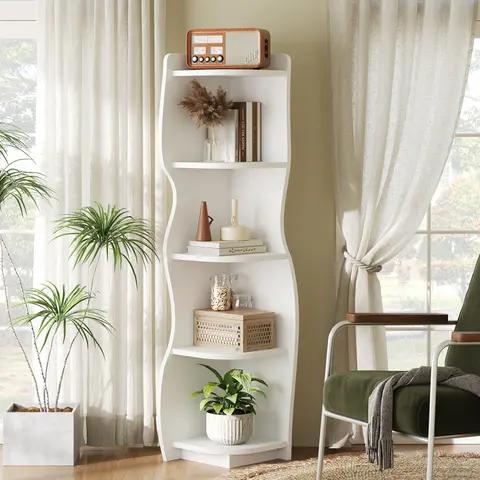 HOOBRO 5-Tier Wooden LED Corner Shelf with RGB & Daylight White Lights, App/Remote Control, Anti-Tip Safety, Quick Assembly, Modern Storage Display Rack, Aesthetic Chic Unique Room Decor, Apartment Accessories for Bedroom & Living Room