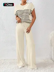 Women's Spring & Fall Striped Loose Fit Casual Set, Colorblock Sleeveless Knit Top & Drawstring Pants, Regular Length, Drop Shoulder Design