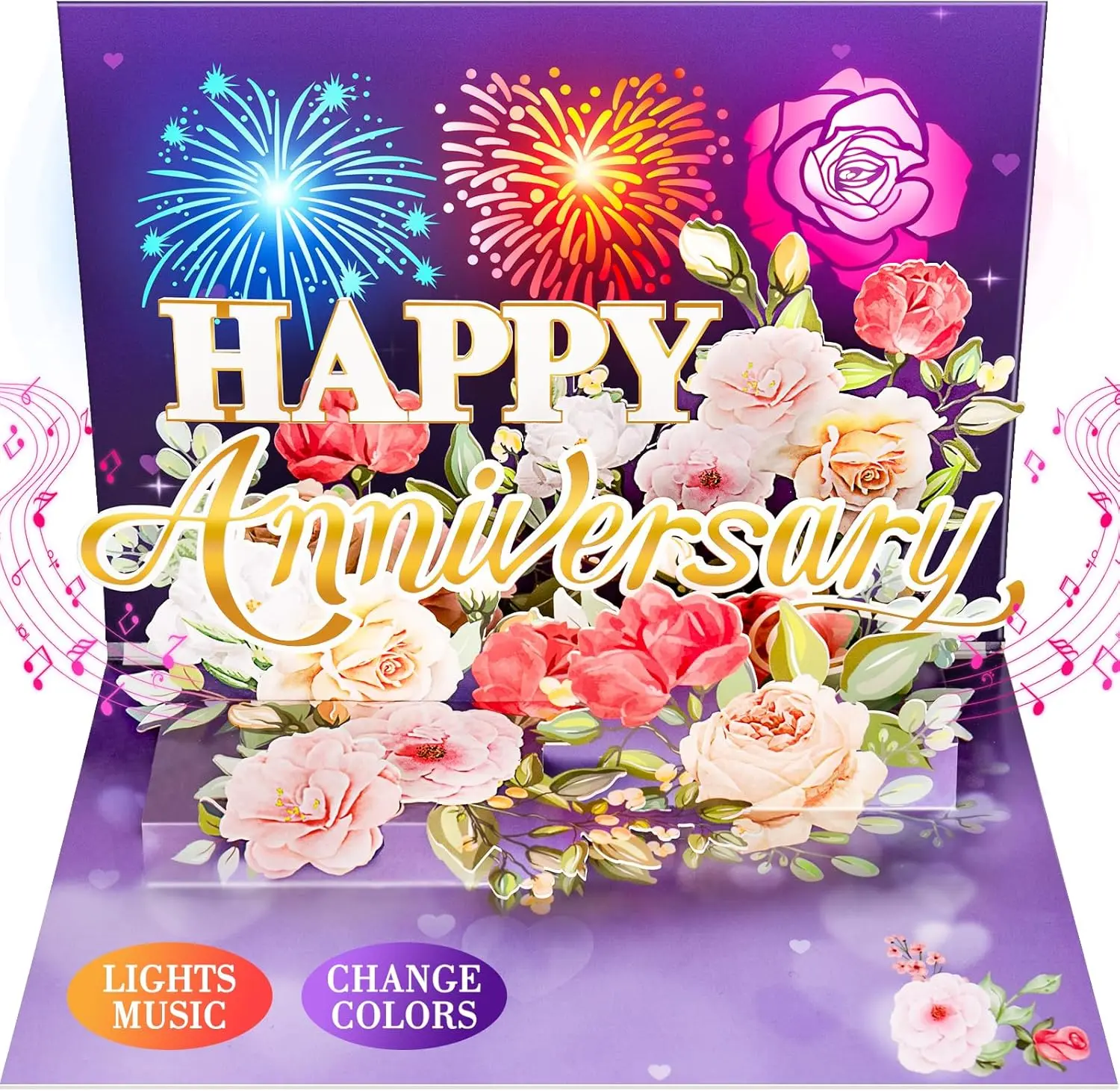 Anniversary Card, Music & Light Pop up Valentine's Card with Fireworks Flowers Gifts for Him Her Husband Wife Couple (Purple)