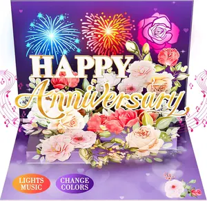 Anniversary Card, Music & Light Pop up Valentine's Card with Fireworks Flowers Gifts for Him Her Husband Wife Couple (Purple)