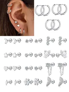 Artificial Zirconia Decorated Earrings Set, Heart & Star & Butterfly Design Ear Cartilage Piercing, Stainless Steel Inlaid Artificial Zirconia Ear Studs for Women & Girls