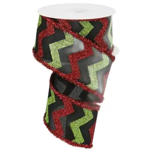 2.5" x 10yd Glitter Chevron Tinsel Ribbon – Black/Red/Lime