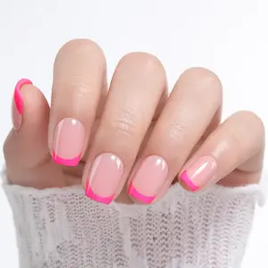 UNA GELLA 32Pcs Soft Gel Press on Nails - 16 Sizes Hot Pink French Tip Short Square Glue on Nails, Reusable Nude Pink False Nails, Full Cover Acrylic Nail Kit for Women DIY Home Manicure